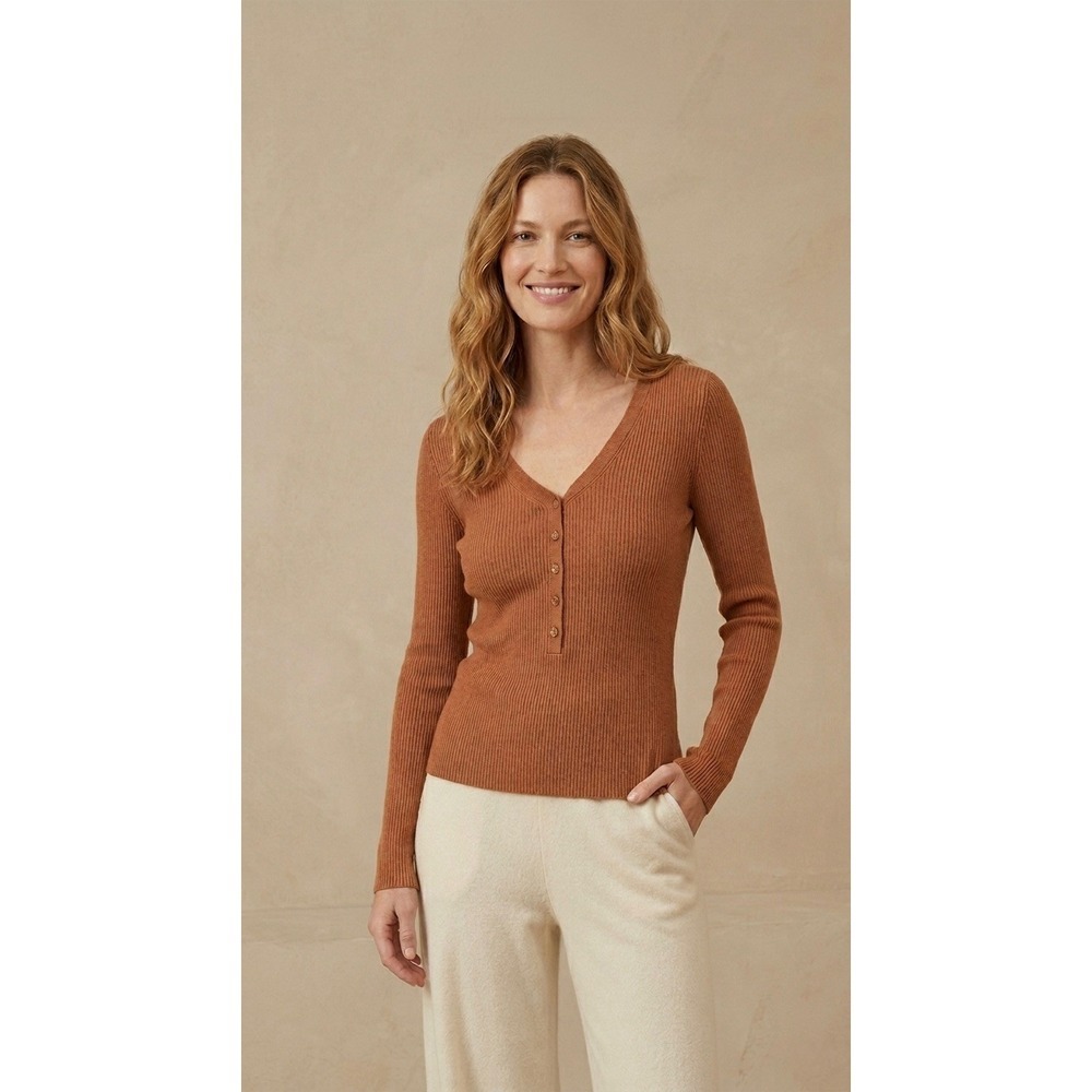 Naadam Silk Cashmere Ribbed Henley Sweater Ginger Brown V-Neck XS